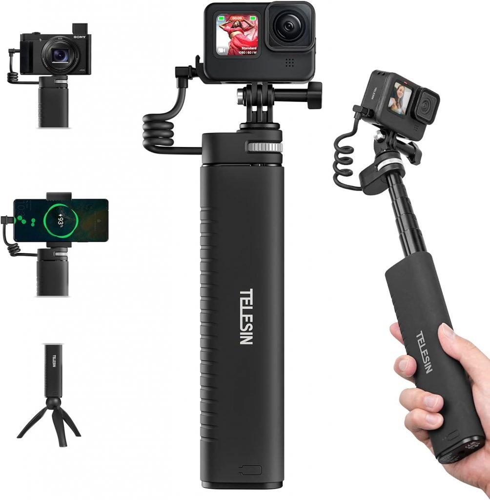 TELESIN Power Grip 35.4 Extension Selfie Stick Handler Compatible for Go Pro 12 Insta360 DJI Action Canon Sony iPhone Android Water-Proof Large Capacity Battery Charger